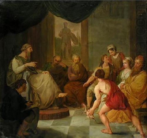 Diogenes brings a plucked chicken to Plato, unknow artist
